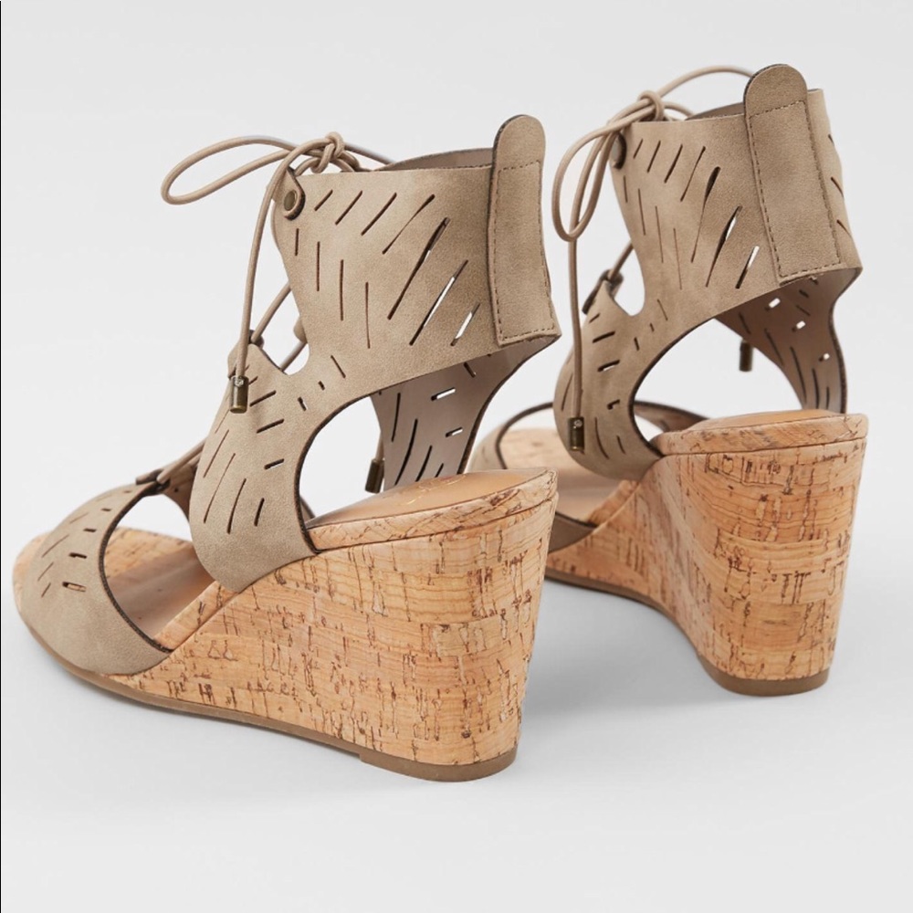 Taupe Chic Laser Cut Lace Up Ghillie Wedge Sandals - Picture 4 of 4